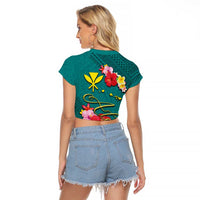 Aloha Kanaka Maoli Hawaii Flowers Raglan Cropped T Shirt With Polynesian Pattern Teal Color