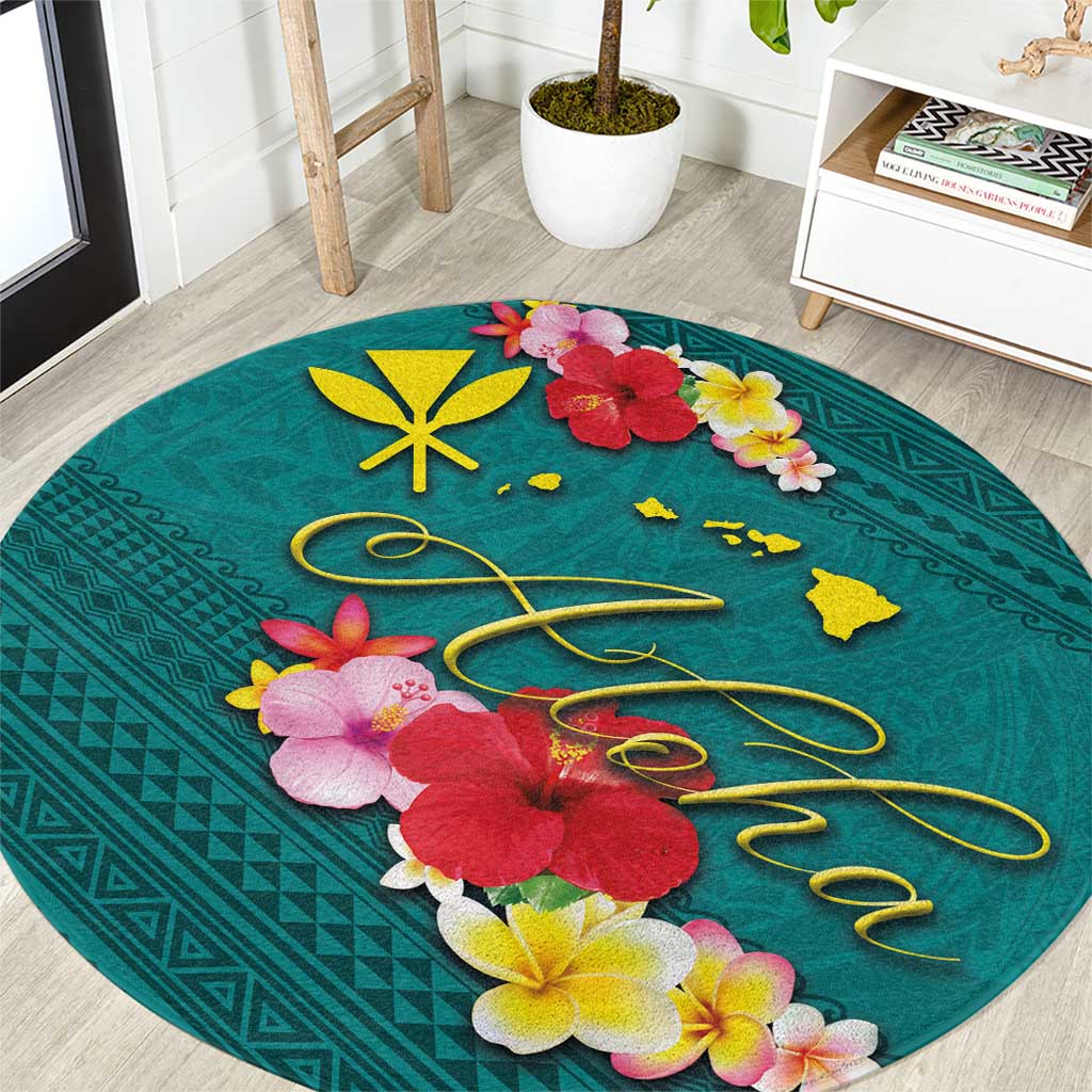 Aloha Kanaka Maoli Hawaii Flowers Round Carpet With Polynesian Pattern Teal Color LT03 Teal - Polynesian Pride