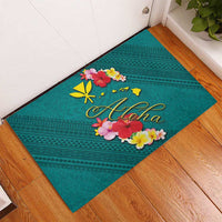 Aloha Kanaka Maoli Hawaii Flowers Rubber Doormat With Polynesian Pattern Teal Color