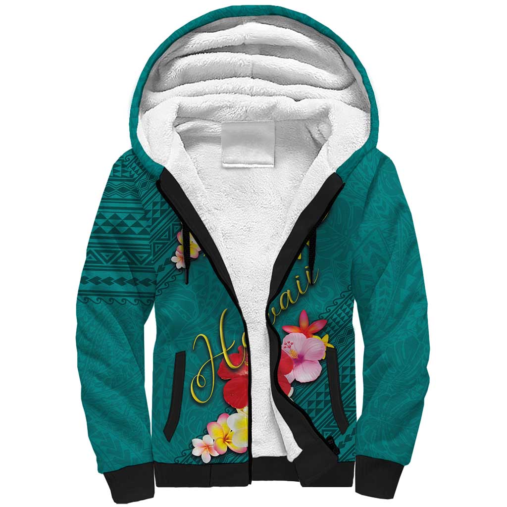 Aloha Kanaka Maoli Hawaii Flowers Sherpa Hoodie With Polynesian Pattern Teal Color