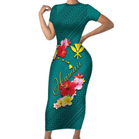 Aloha Kanaka Maoli Hawaii Flowers Short Sleeve Bodycon Dress With Polynesian Pattern Teal Color LT03 Long Dress Teal - Polynesian Pride