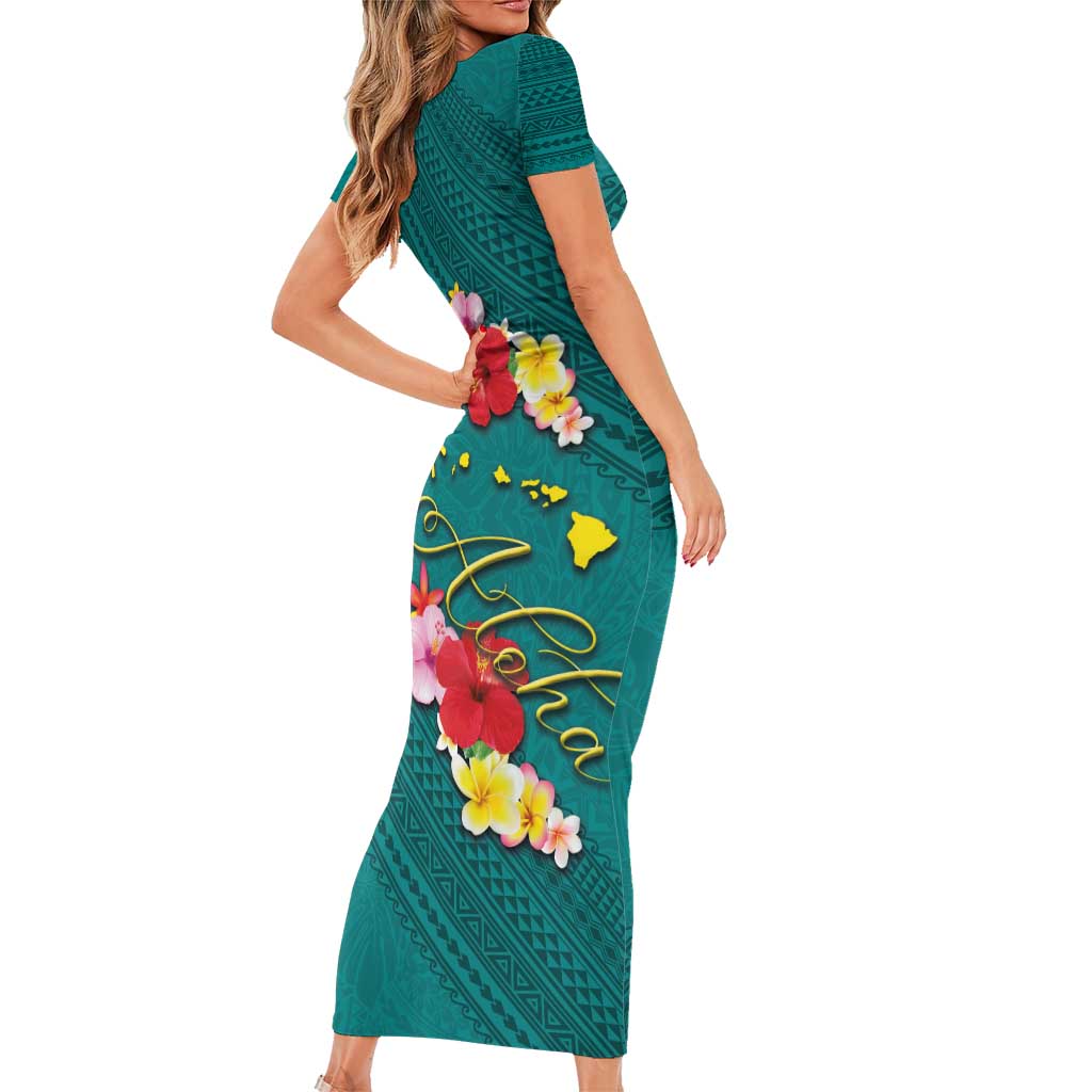 Aloha Kanaka Maoli Hawaii Flowers Short Sleeve Bodycon Dress With Polynesian Pattern Teal Color LT03 - Polynesian Pride