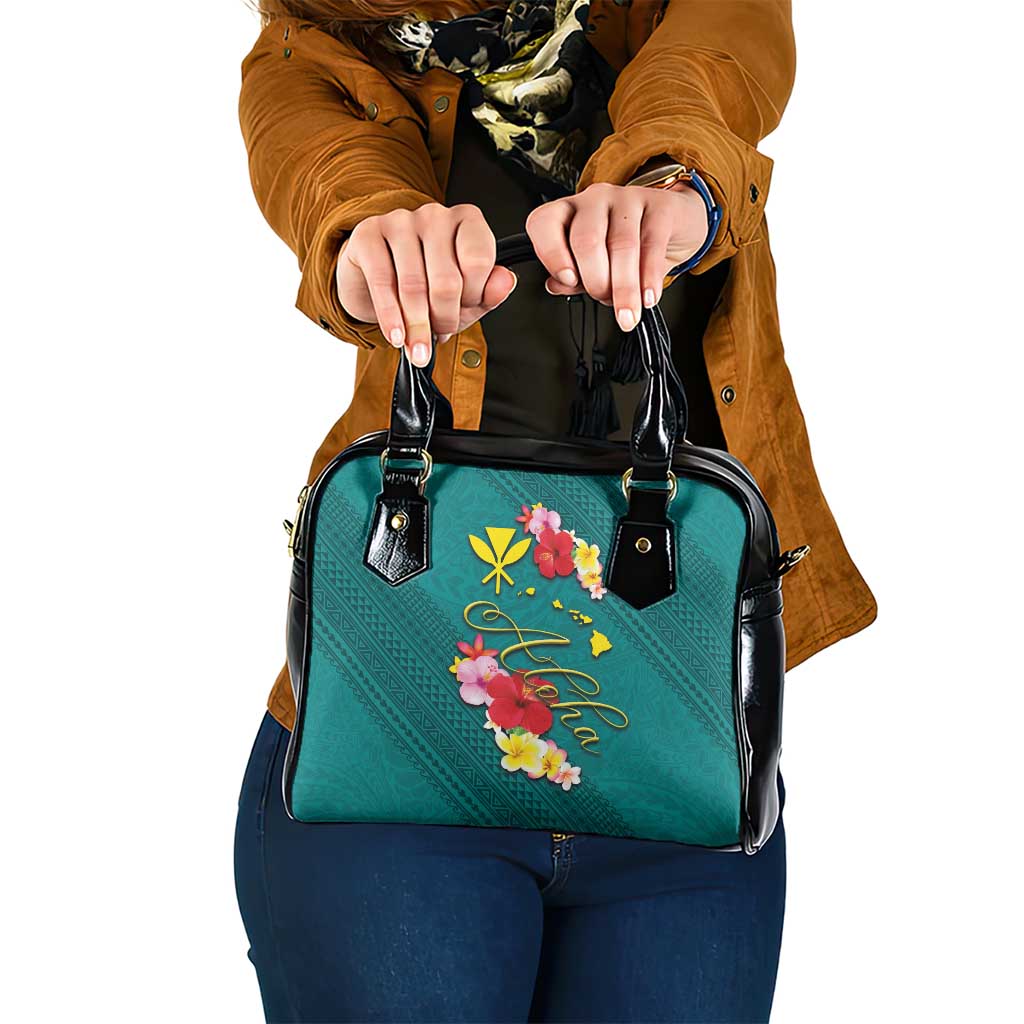 Aloha Kanaka Maoli Hawaii Flowers Shoulder Handbag With Polynesian Pattern Teal Color LT03 One Size Teal - Polynesian Pride