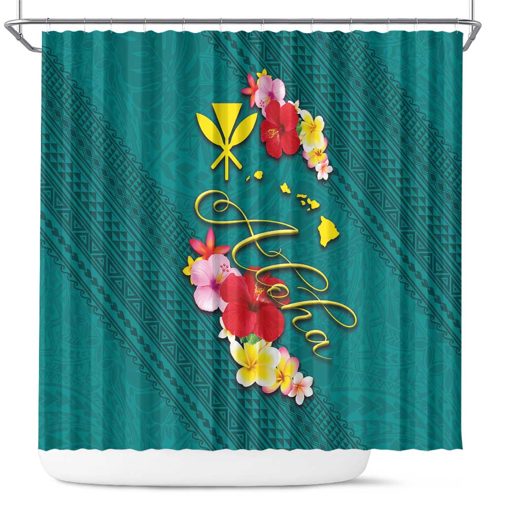 Aloha Kanaka Maoli Hawaii Flowers Shower Curtain With Polynesian Pattern Teal Color LT03 Teal - Polynesian Pride