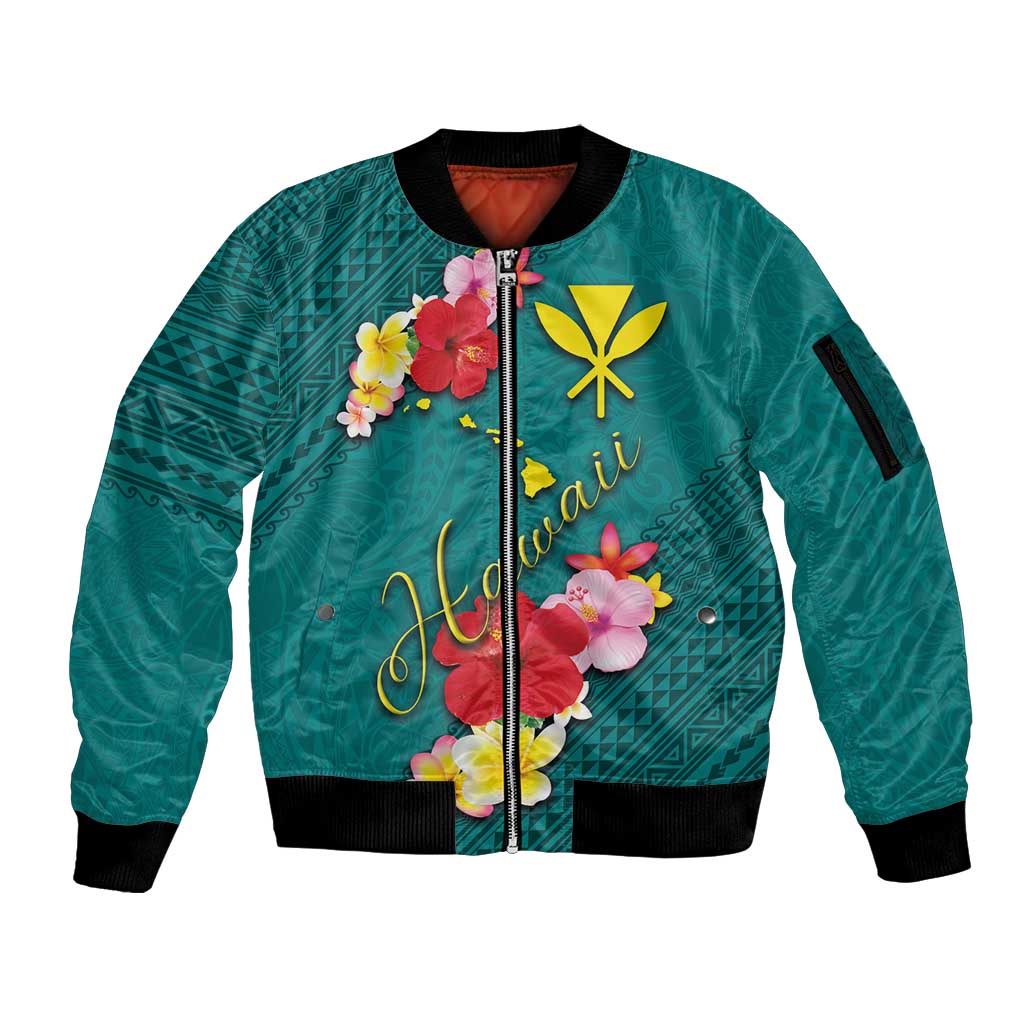 Aloha Kanaka Maoli Hawaii Flowers Sleeve Zip Bomber Jacket With Polynesian Pattern Teal Color LT03 Unisex Teal - Polynesian Pride