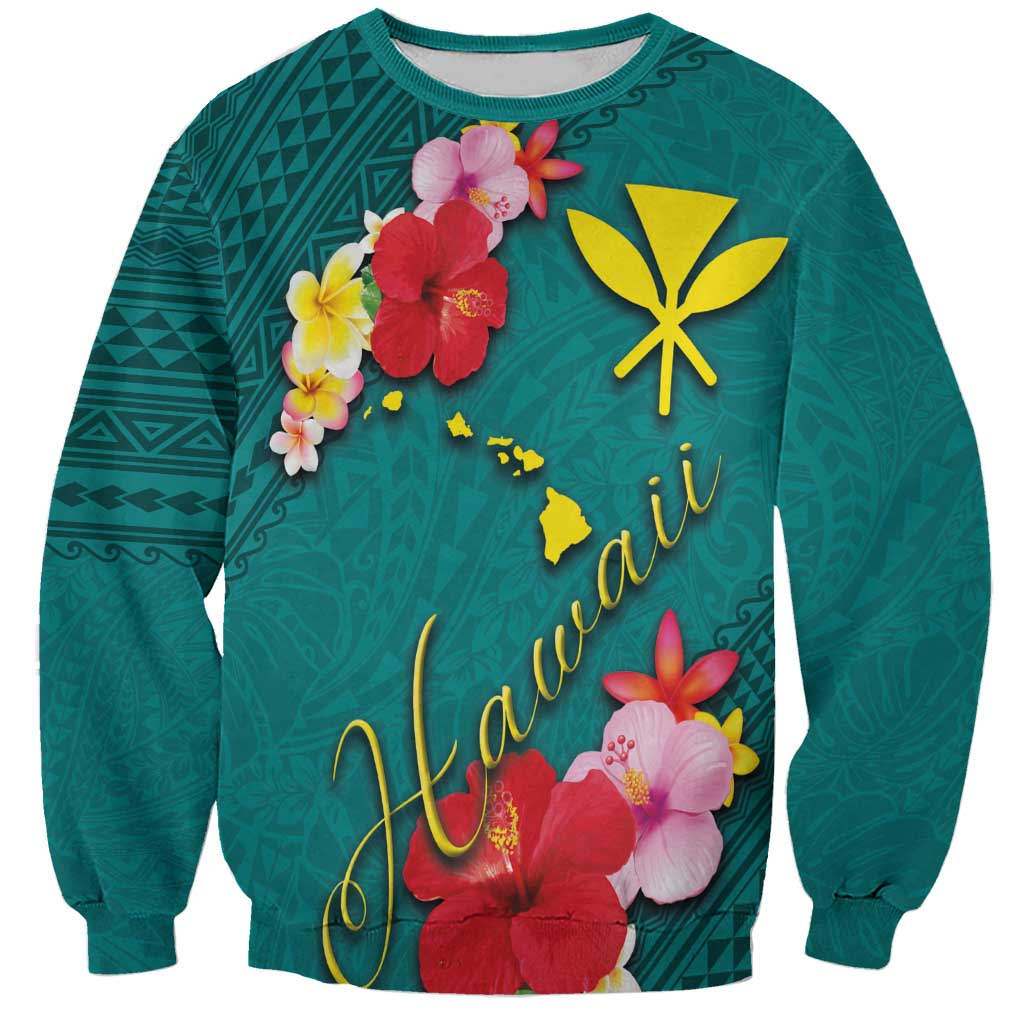 Aloha Kanaka Maoli Hawaii Flowers Sweatshirt With Polynesian Pattern Teal Color
