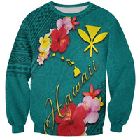 Aloha Kanaka Maoli Hawaii Flowers Sweatshirt With Polynesian Pattern Teal Color