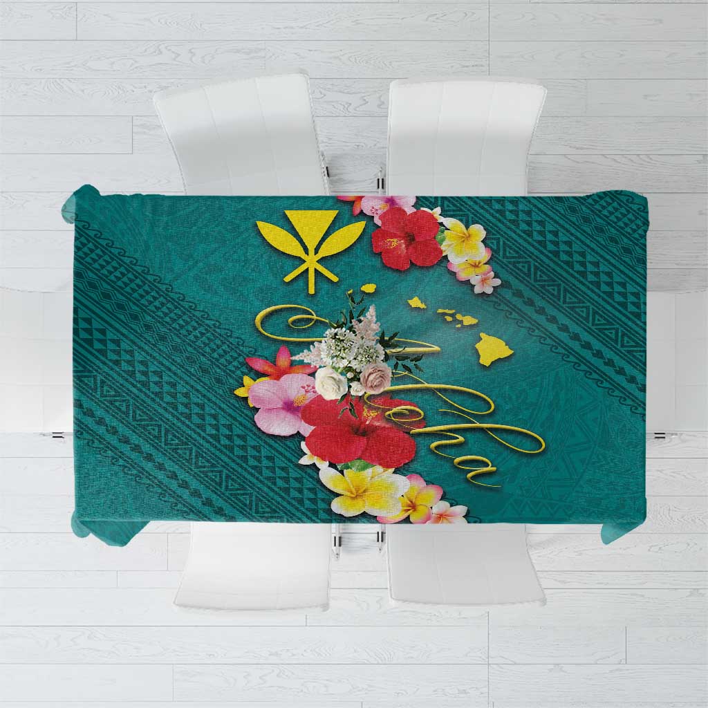 Aloha Kanaka Maoli Hawaii Flowers Tablecloth With Polynesian Pattern Teal Color LT03 Teal - Polynesian Pride