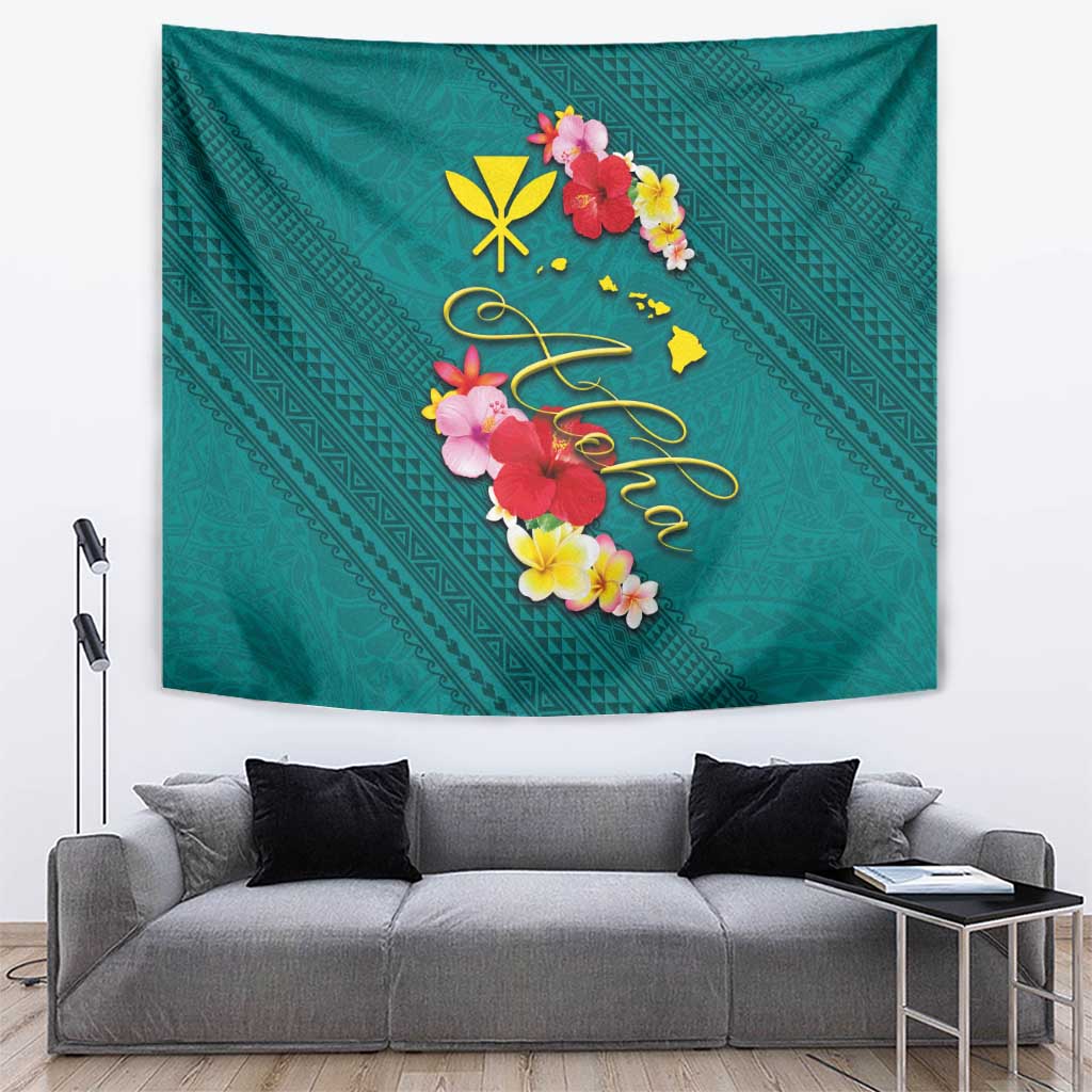 Aloha Kanaka Maoli Hawaii Flowers Tapestry With Polynesian Pattern Teal Color LT03 Teal - Polynesian Pride