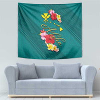 Aloha Kanaka Maoli Hawaii Flowers Tapestry With Polynesian Pattern Teal Color