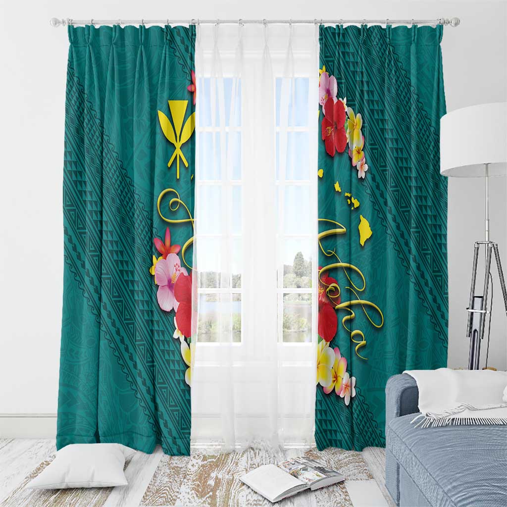 Aloha Kanaka Maoli Hawaii Flowers Window Curtain With Polynesian Pattern Teal Color