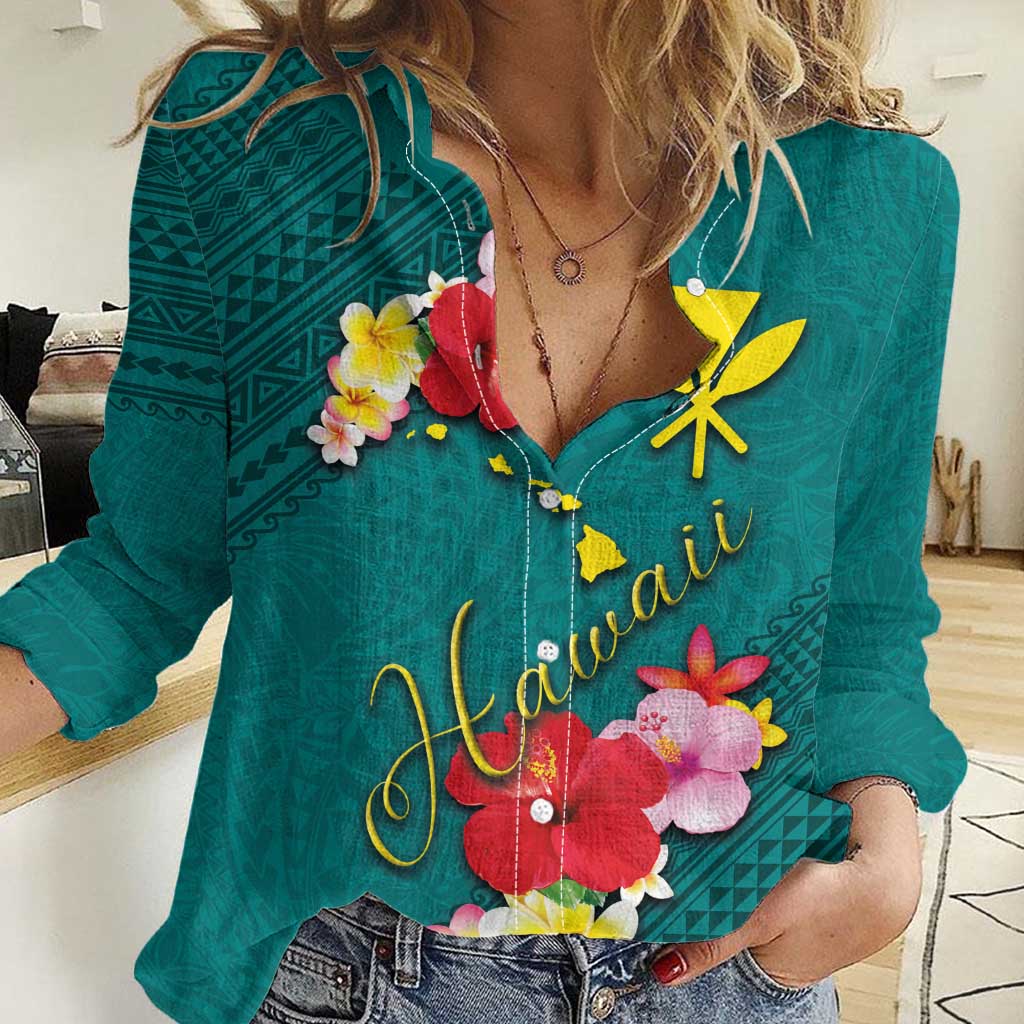 Aloha Kanaka Maoli Hawaii Flowers Women Casual Shirt With Polynesian Pattern Teal Color