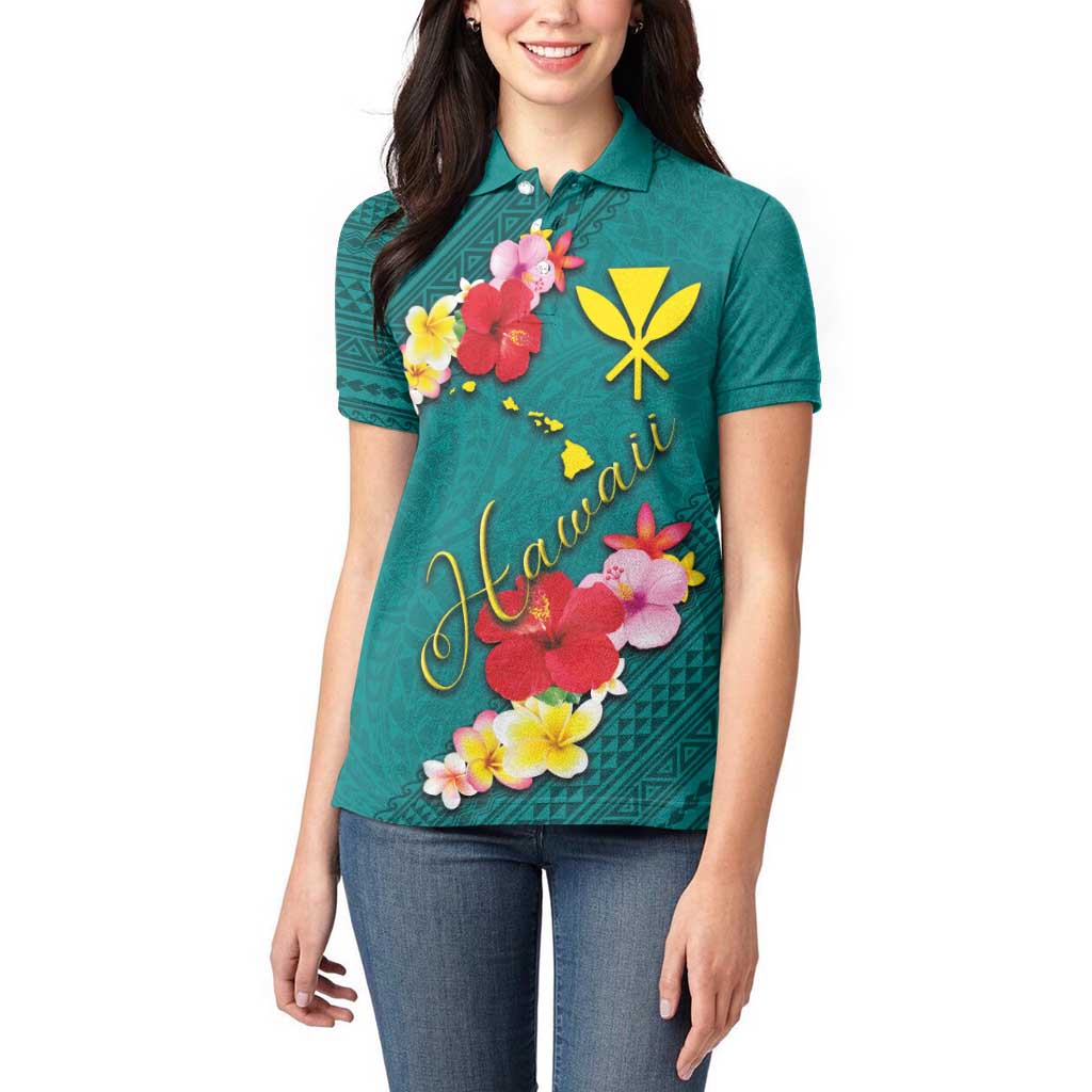 Aloha Kanaka Maoli Hawaii Flowers Women Polo Shirt With Polynesian Pattern Teal Color