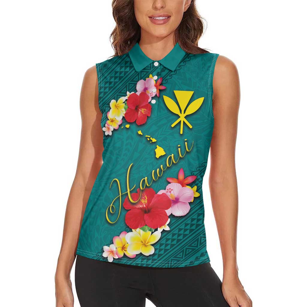 Aloha Kanaka Maoli Hawaii Flowers Women Sleeveless Polo Shirt With Polynesian Pattern Teal Color