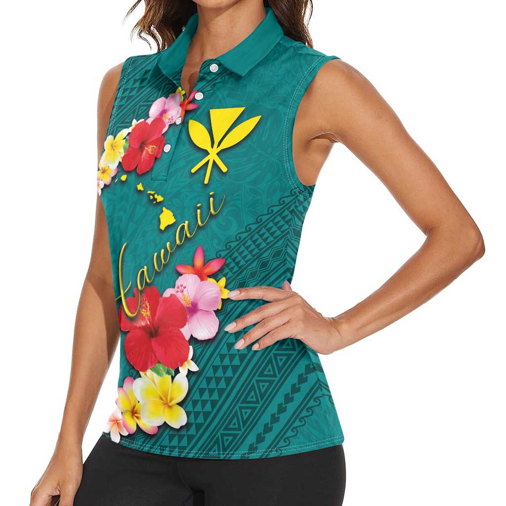 Aloha Kanaka Maoli Hawaii Flowers Women Sleeveless Polo Shirt With Polynesian Pattern Teal Color