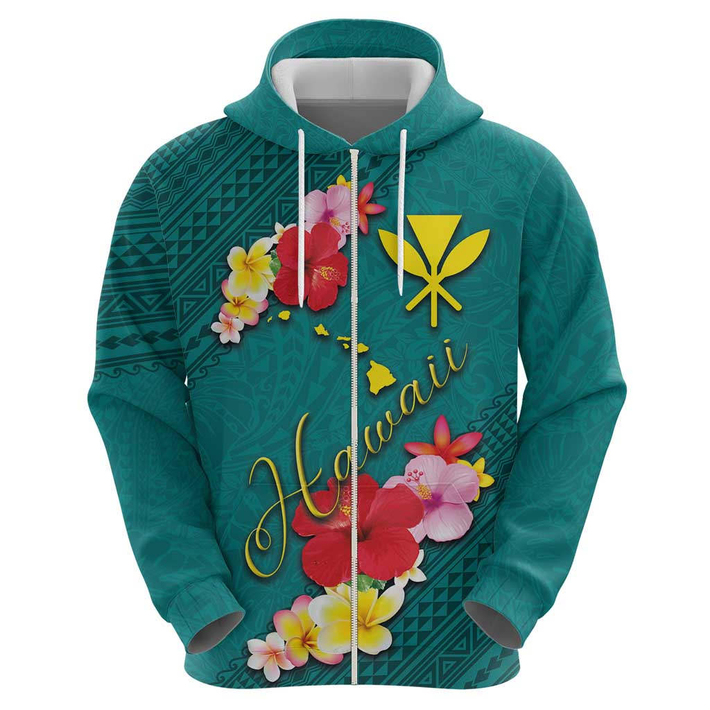 Aloha Kanaka Maoli Hawaii Flowers Zip Hoodie With Polynesian Pattern Teal Color