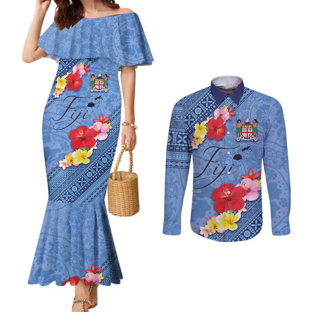 Bula Fiji Hibiscus and Plumeria Flowers Couples Matching Mermaid Dress and Long Sleeve Button Shirt Tapa Tattoo Polynesian Pattern