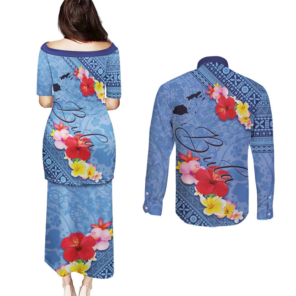 Bula Fiji Hibiscus and Plumeria Flowers Couples Matching Puletasi and Long Sleeve Button Shirt Tapa Tattoo Polynesian Pattern
