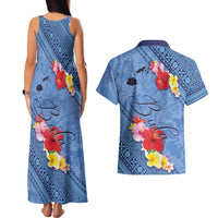 Bula Fiji Hibiscus and Plumeria Flowers Couples Matching Tank Maxi Dress and Hawaiian Shirt Tapa Tattoo Polynesian Pattern