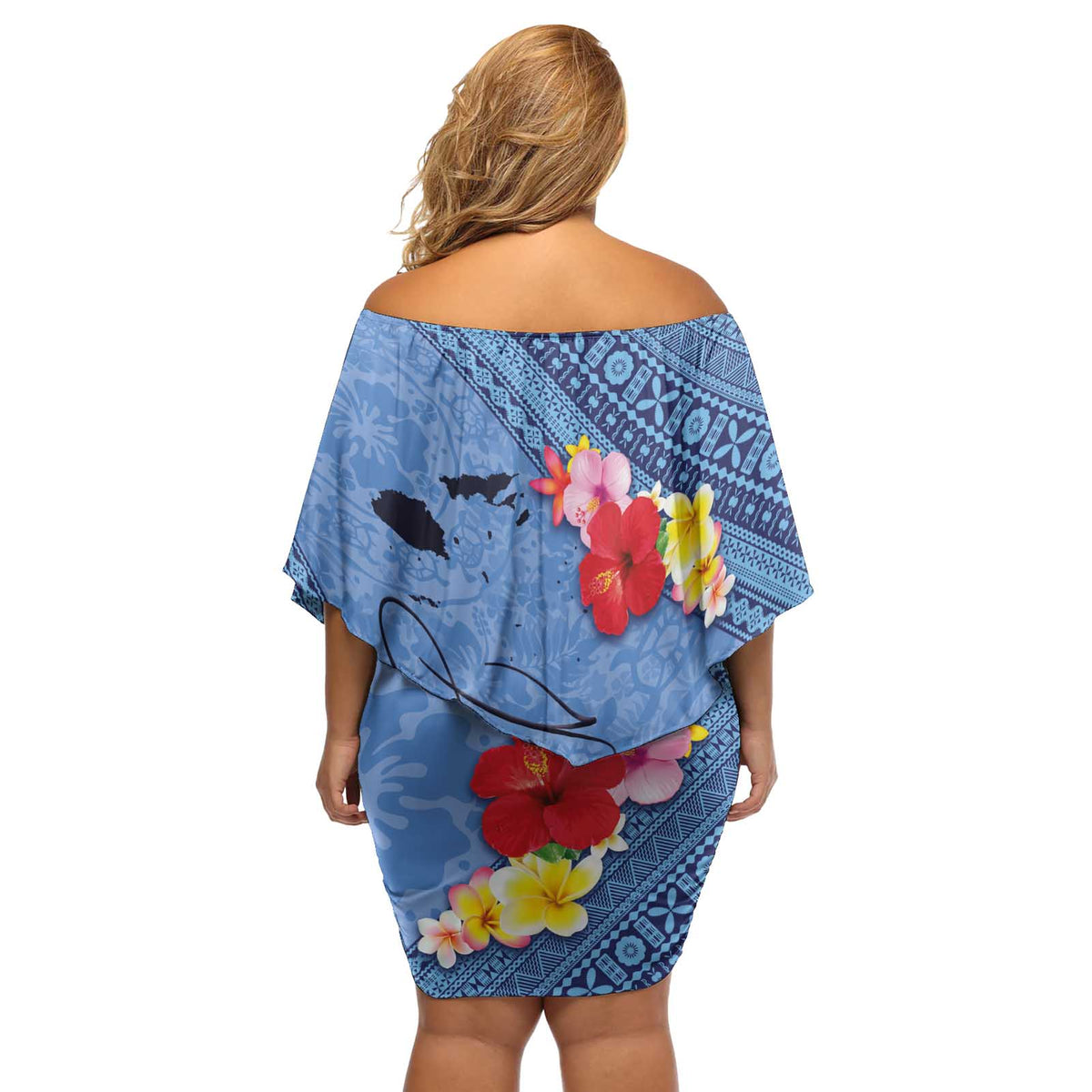 Bula Fiji Hibiscus and Plumeria Flowers Off Shoulder Short Dress Tapa Tattoo Polynesian Pattern