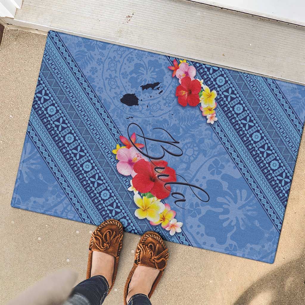 Bula Fiji Hibiscus and Plumeria Flowers Rubber Doormat Tapa Tattoo Polynesian Pattern