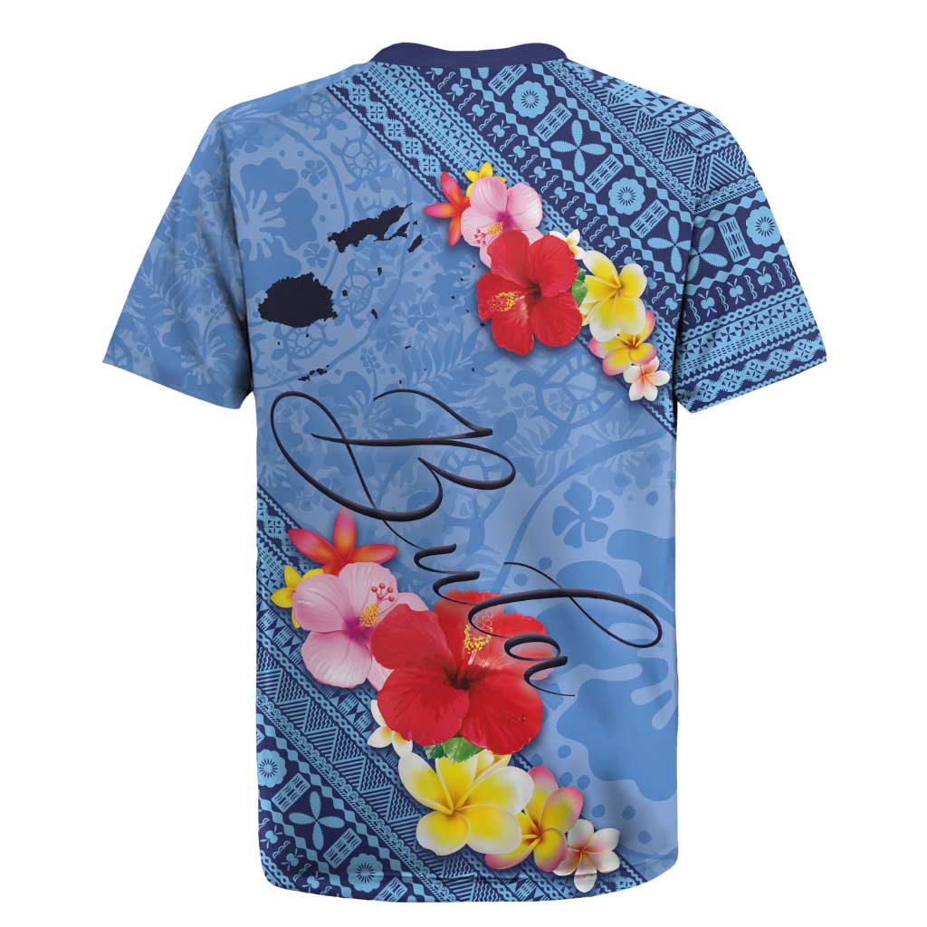 Bula Fiji Hibiscus and Plumeria Flowers Rugby Jersey Tapa Tattoo Polynesian Pattern