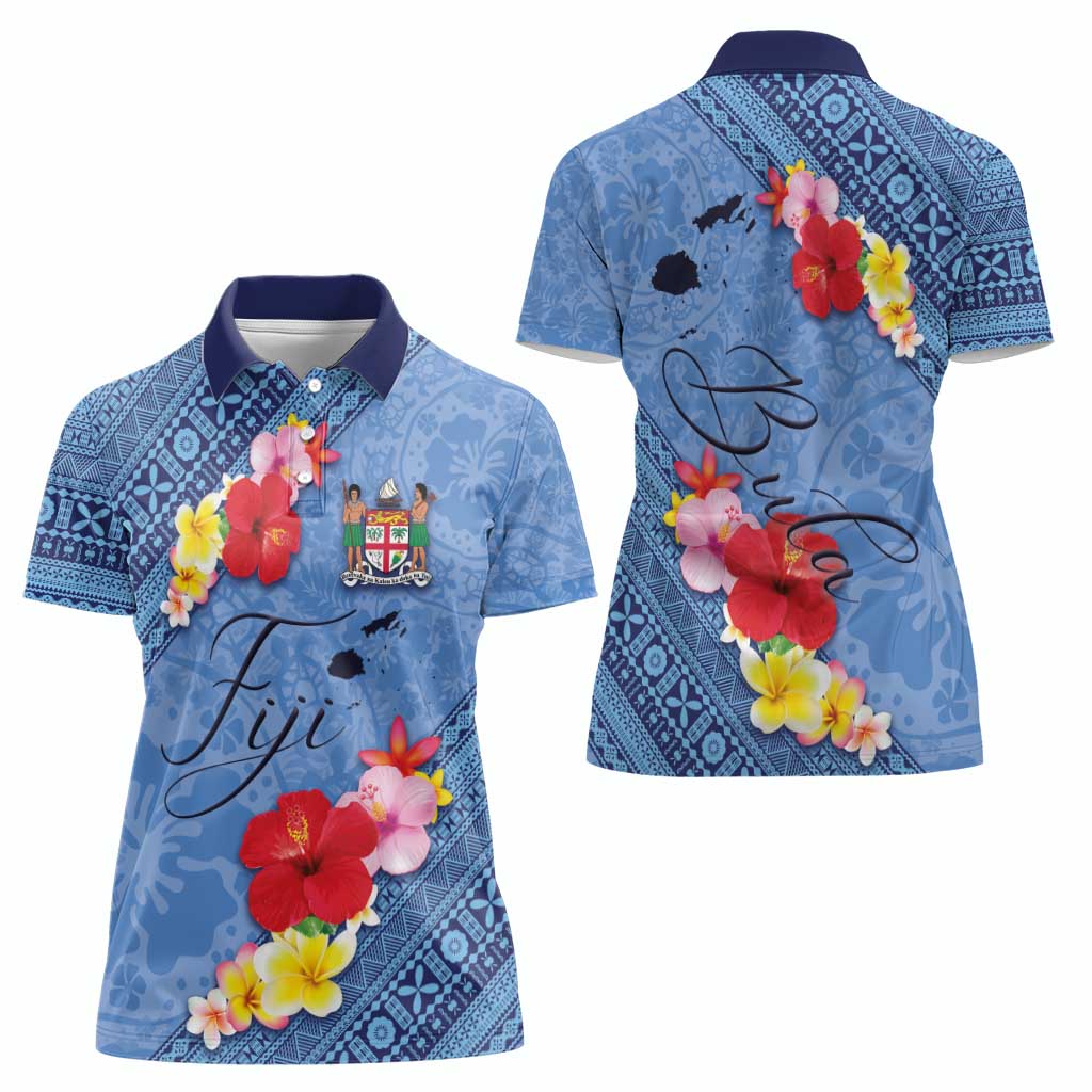 Bula Fiji Hibiscus and Plumeria Flowers Women Polo Shirt Tapa Tattoo Polynesian Pattern