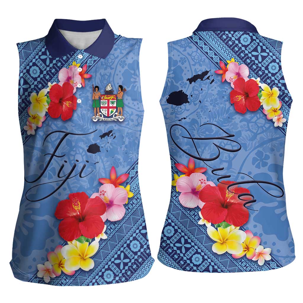 Bula Fiji Hibiscus and Plumeria Flowers Women Sleeveless Polo Shirt Tapa Tattoo Polynesian Pattern