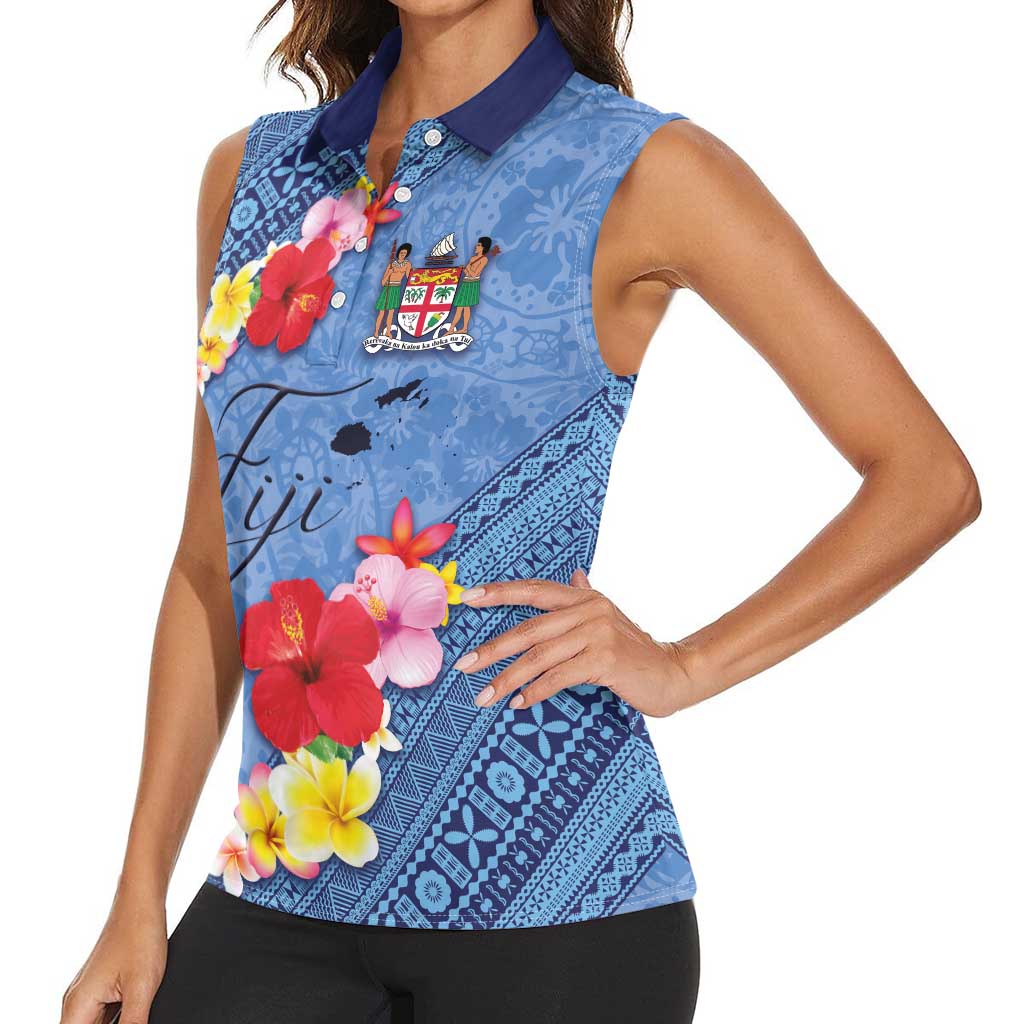 Bula Fiji Hibiscus and Plumeria Flowers Women Sleeveless Polo Shirt Tapa Tattoo Polynesian Pattern