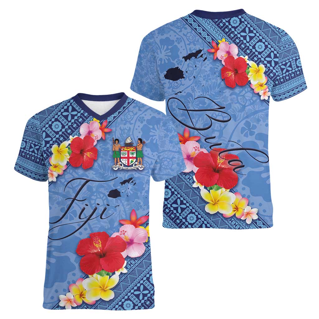 Bula Fiji Hibiscus and Plumeria Flowers Women V-Neck T-Shirt Tapa Tattoo Polynesian Pattern