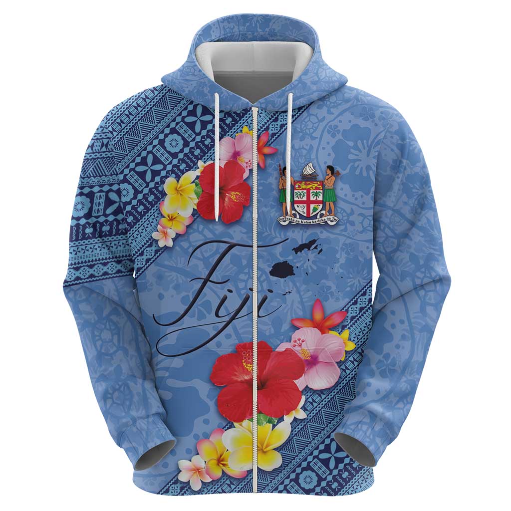 Bula Fiji Hibiscus and Plumeria Flowers Zip Hoodie Tapa Tattoo Polynesian Pattern