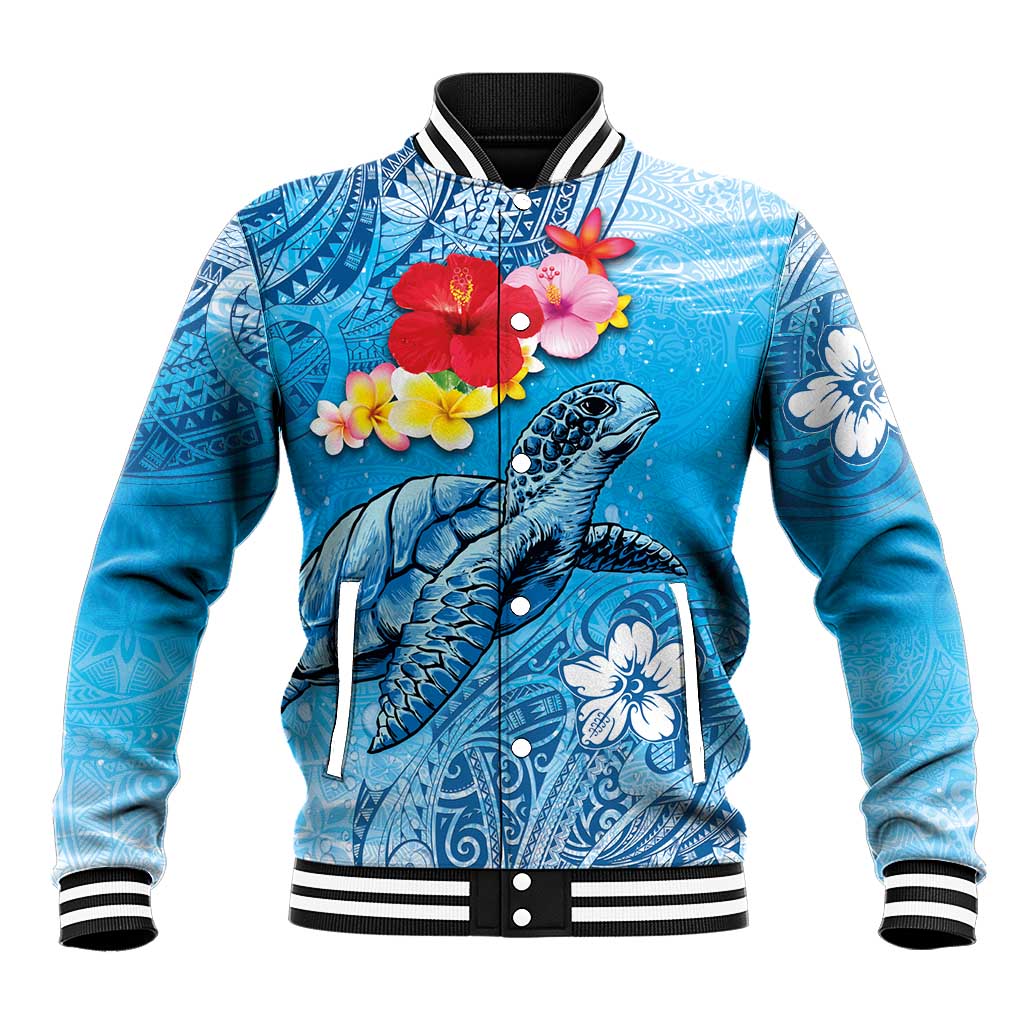 Hawaii Sea Turtle and Tropical Flowers Baseball Jacket Polynesian Tattoo Undersea Vibe