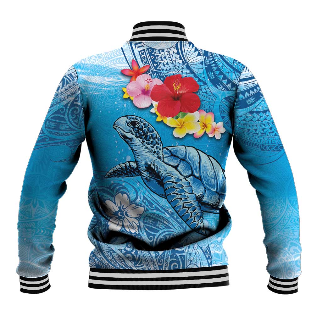 Hawaii Sea Turtle and Tropical Flowers Baseball Jacket Polynesian Tattoo Undersea Vibe