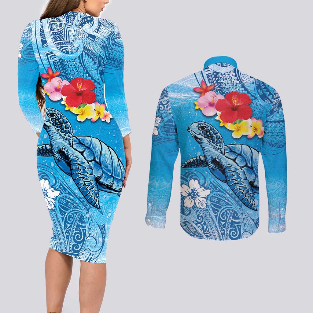Hawaii Sea Turtle and Tropical Flowers Couples Matching Long Sleeve Bodycon Dress and Long Sleeve Button Shirt Polynesian Tattoo Undersea Vibe