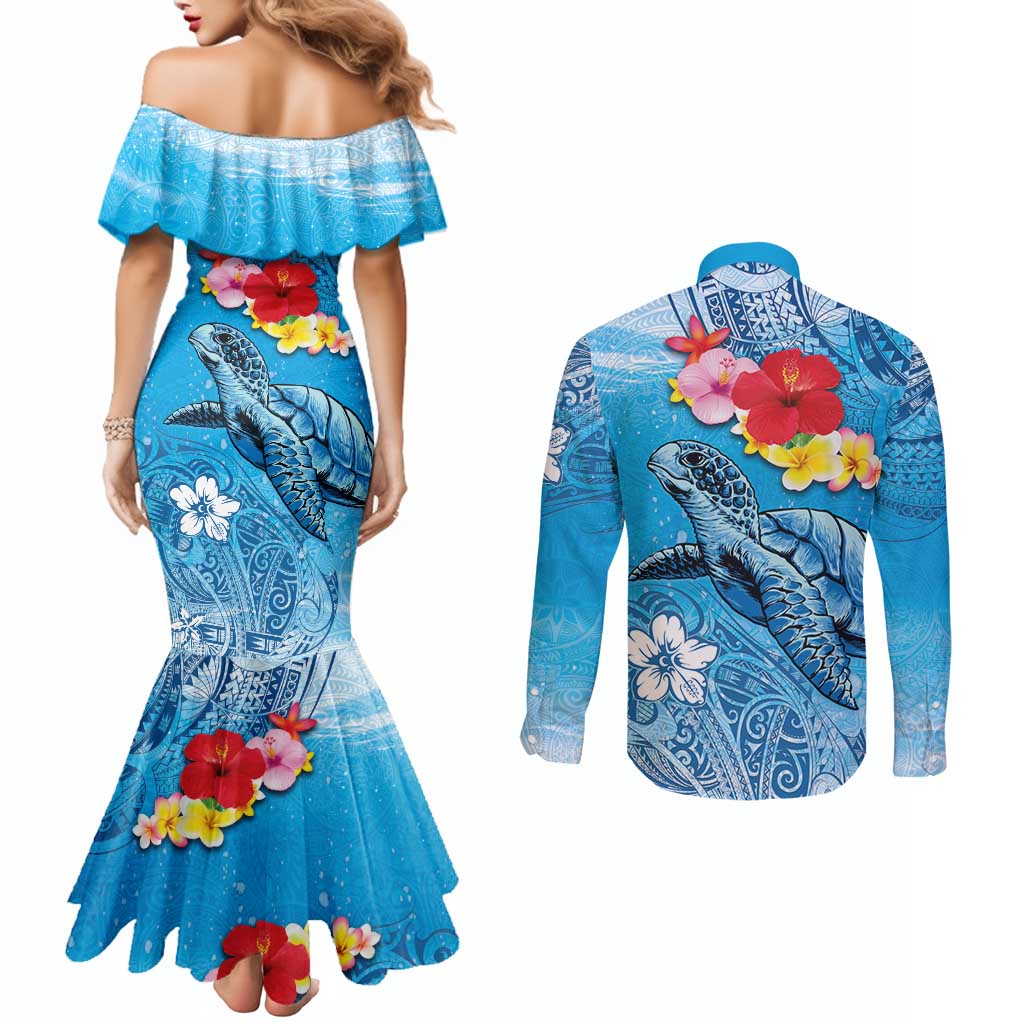 Hawaii Sea Turtle and Tropical Flowers Couples Matching Mermaid Dress and Long Sleeve Button Shirt Polynesian Tattoo Undersea Vibe