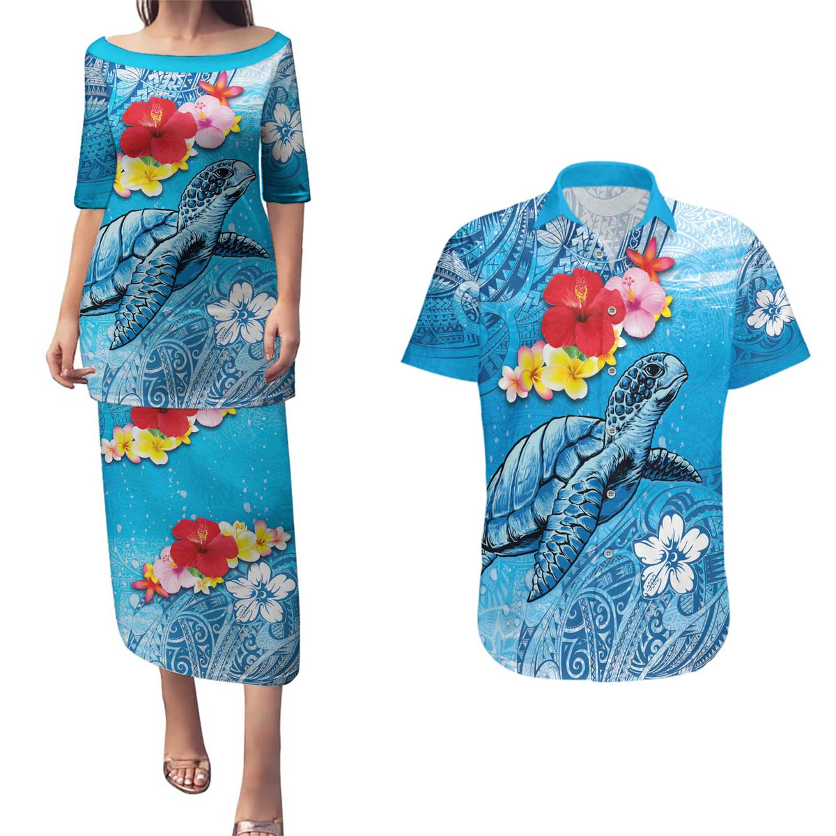 Hawaii Sea Turtle and Tropical Flowers Couples Matching Puletasi and Hawaiian Shirt Polynesian Tattoo Undersea Vibe