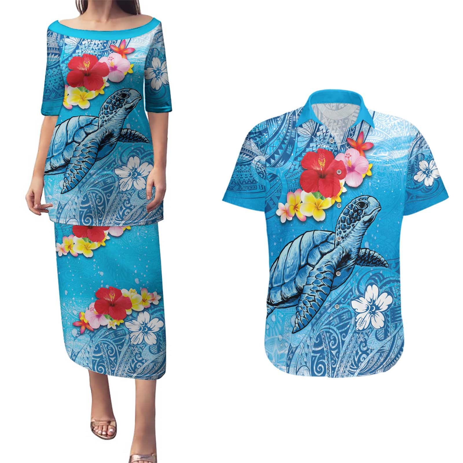Hawaii Sea Turtle and Tropical Flowers Couples Matching Puletasi and Hawaiian Shirt Polynesian Tattoo Undersea Vibe