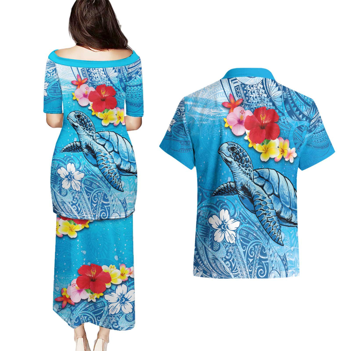 Hawaii Sea Turtle and Tropical Flowers Couples Matching Puletasi and Hawaiian Shirt Polynesian Tattoo Undersea Vibe