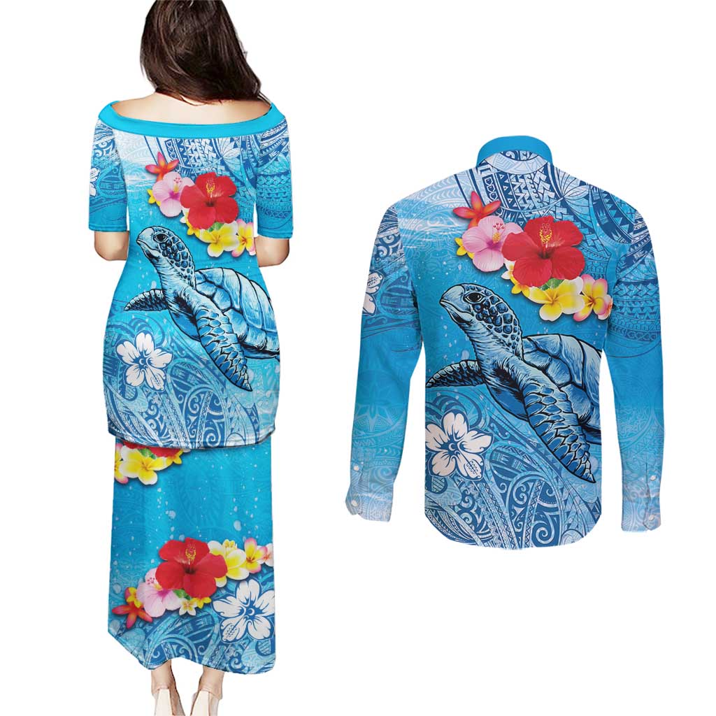 Hawaii Sea Turtle and Tropical Flowers Couples Matching Puletasi and Long Sleeve Button Shirt Polynesian Tattoo Undersea Vibe