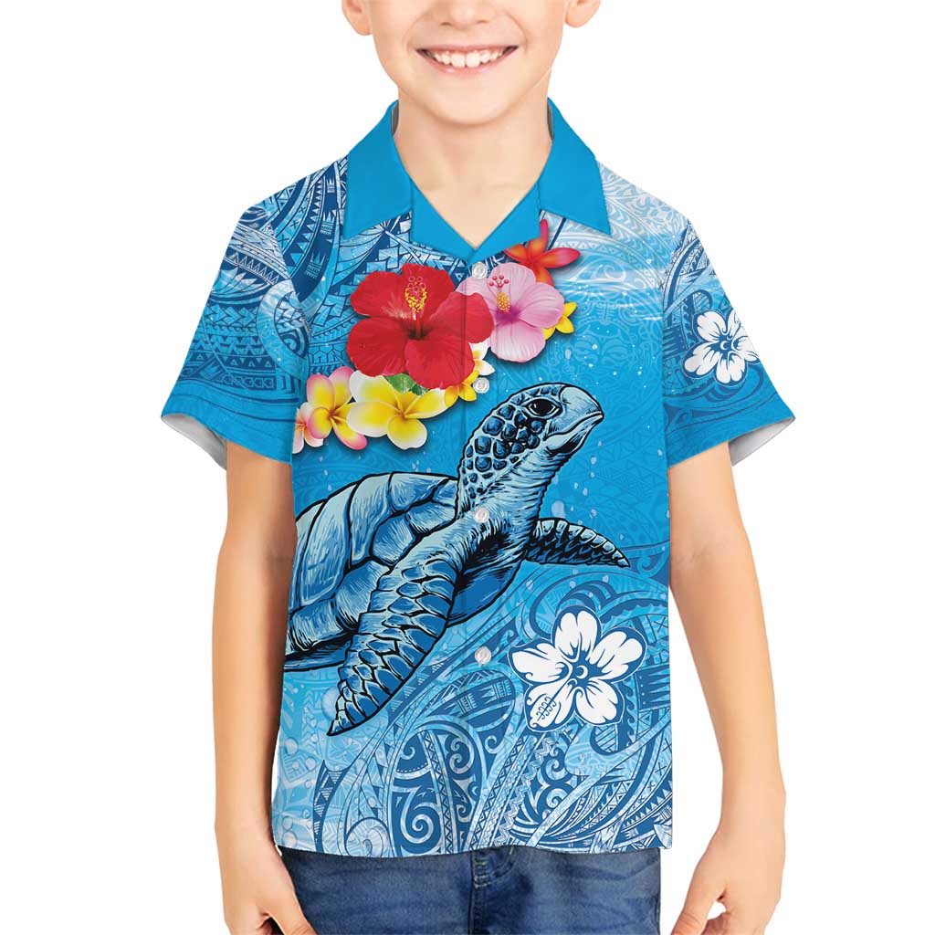 Hawaii Sea Turtle and Tropical Flowers Family Matching Long Sleeve Bodycon Dress and Hawaiian Shirt Polynesian Tattoo Undersea Vibe