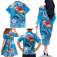Hawaii Sea Turtle and Tropical Flowers Family Matching Off The Shoulder Long Sleeve Dress and Hawaiian Shirt Polynesian Tattoo Undersea Vibe