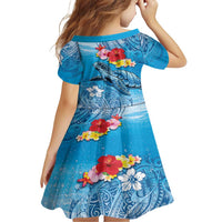 Hawaii Sea Turtle and Tropical Flowers Family Matching Short Sleeve Bodycon Dress and Hawaiian Shirt Polynesian Tattoo Undersea Vibe