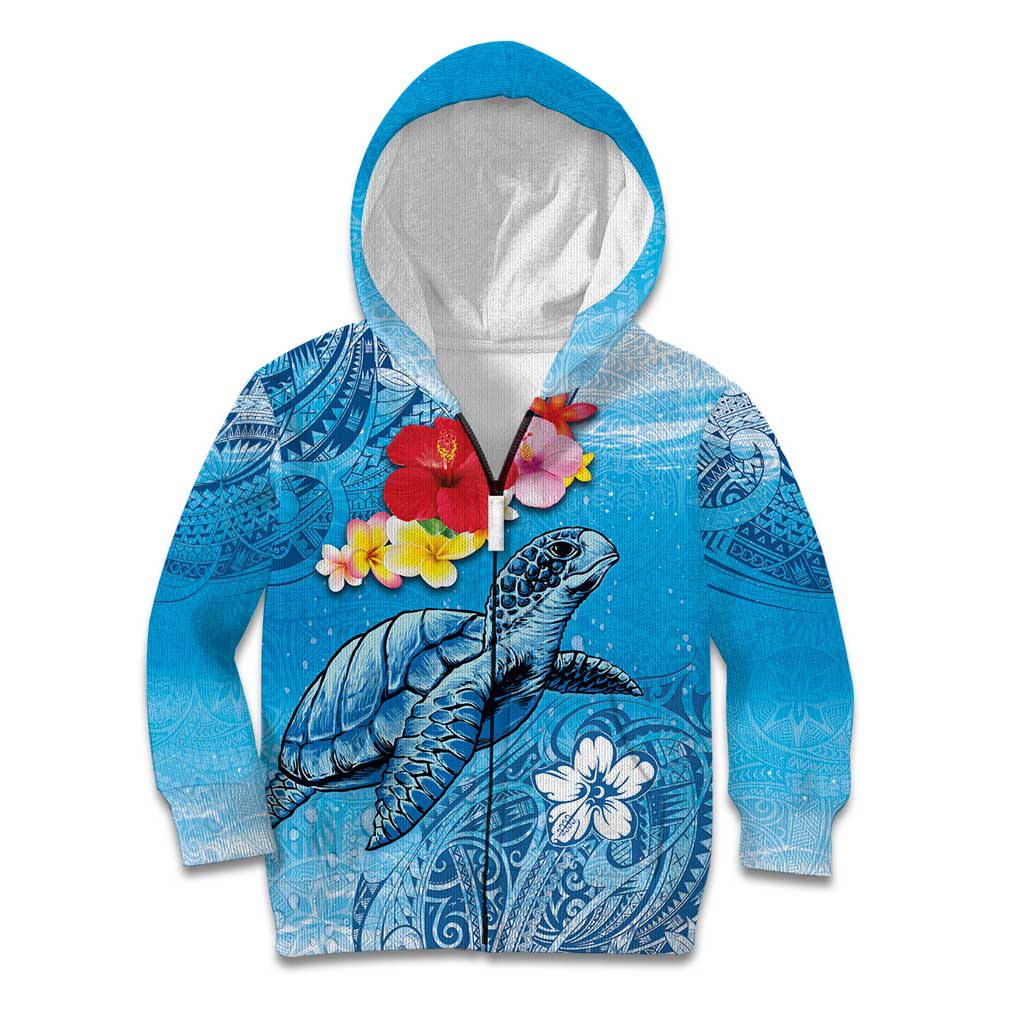 Hawaii Sea Turtle and Tropical Flowers Kid Hoodie Polynesian Tattoo Undersea Vibe