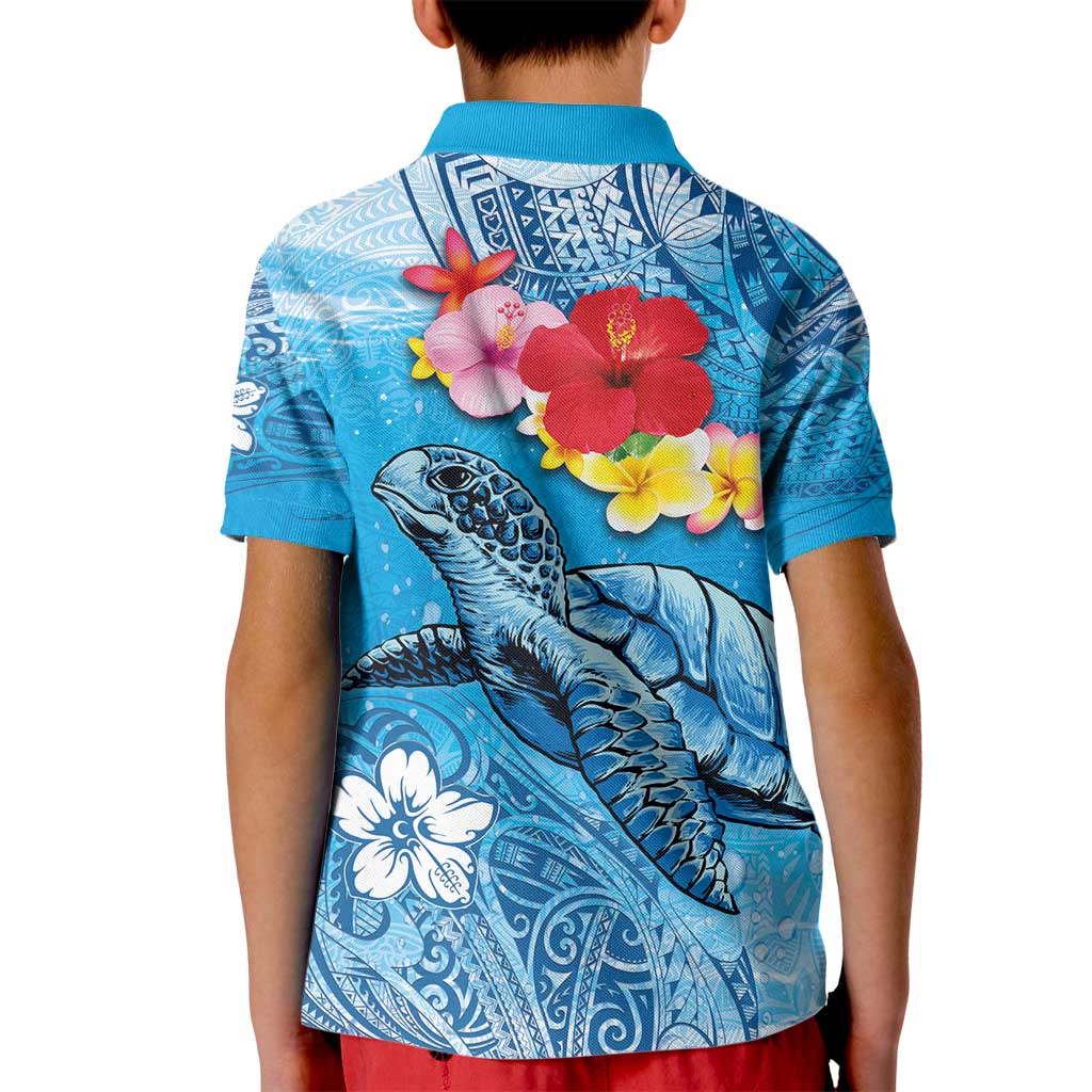 Hawaii Sea Turtle and Tropical Flowers Kid Polo Shirt Polynesian Tattoo Undersea Vibe