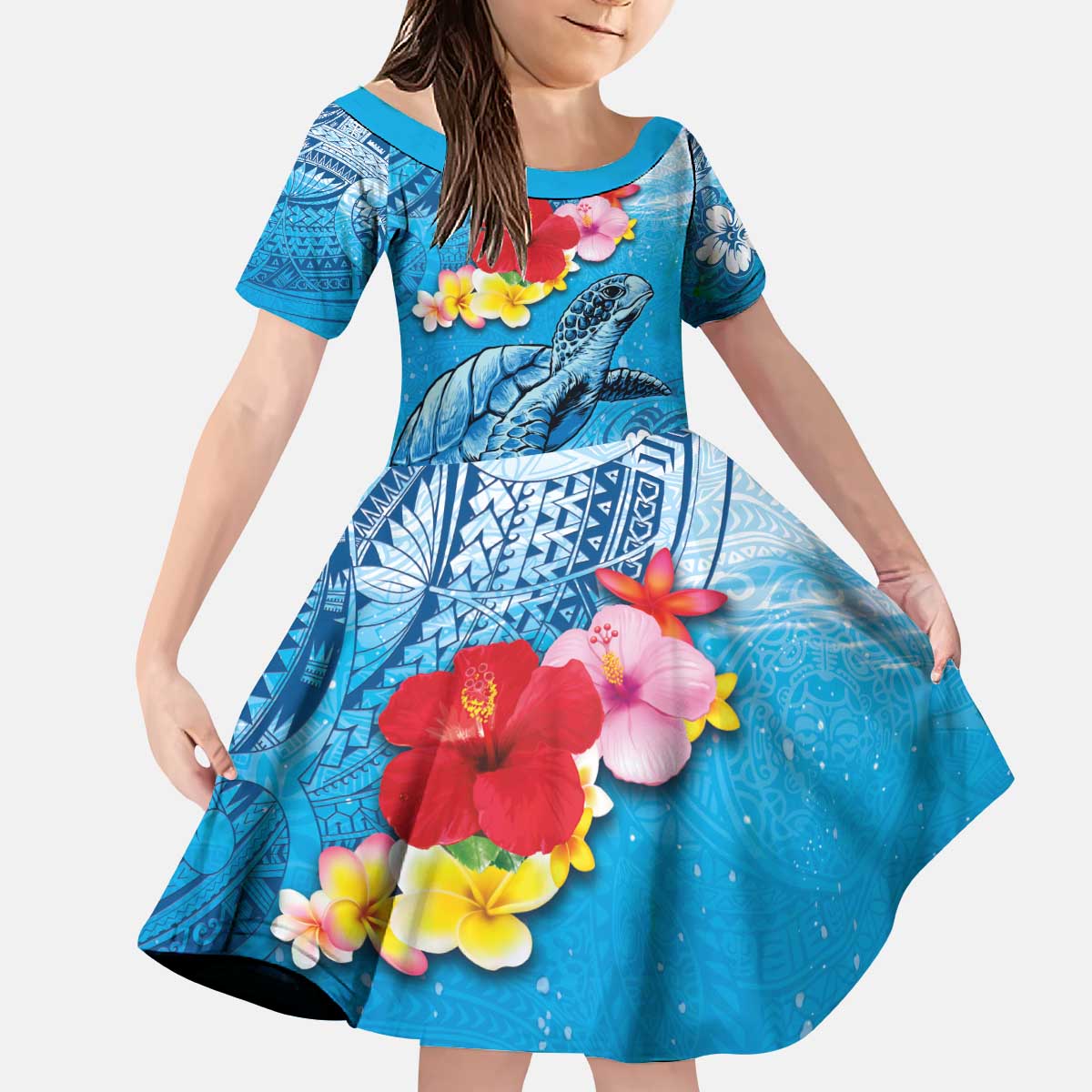 Hawaii Sea Turtle and Tropical Flowers Kid Short Sleeve Dress