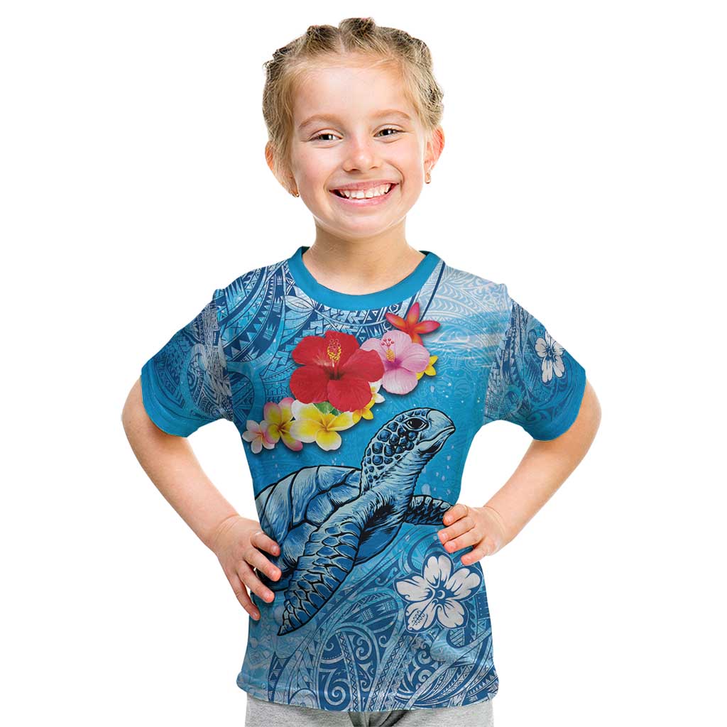 Hawaii Sea Turtle and Tropical Flowers Kid T Shirt Polynesian Tattoo Undersea Vibe