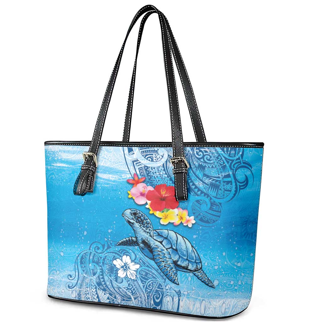 Hawaii Sea Turtle and Tropical Flowers Leather Tote Bag Polynesian Tattoo Undersea Vibe