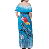 Hawaii Sea Turtle and Tropical Flowers Off Shoulder Maxi Dress Polynesian Tattoo Undersea Vibe
