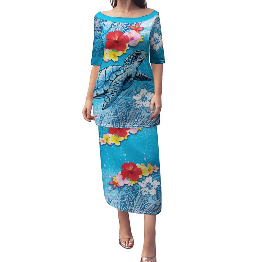 Hawaii Sea Turtle and Tropical Flowers Puletasi Polynesian Tattoo Undersea Vibe