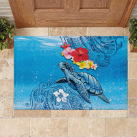 Hawaii Sea Turtle and Tropical Flowers Rubber Doormat Polynesian Tattoo Undersea Vibe